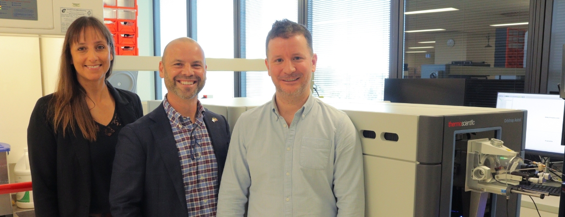 MCRI's Dr Sean Humphrey with Thermo FIsher Product Application Support Engineer Katharina Huber and Vice President and General Manager (Aus and NZ) Domenic Stranieri