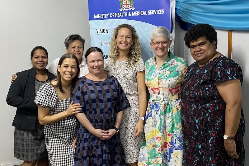 Vaccine Champions Belle Overmars, Professor Margie&nbsp;Danchin, Dr Jessica Kaufman,&nbsp;Kylie Jenkins and Louisa&nbsp;Vodonaivalu&nbsp;with Fiji’s Ministry of Health&nbsp;team&nbsp;Dr Rachel Devi and Sr Litiana&nbsp;Volavola.