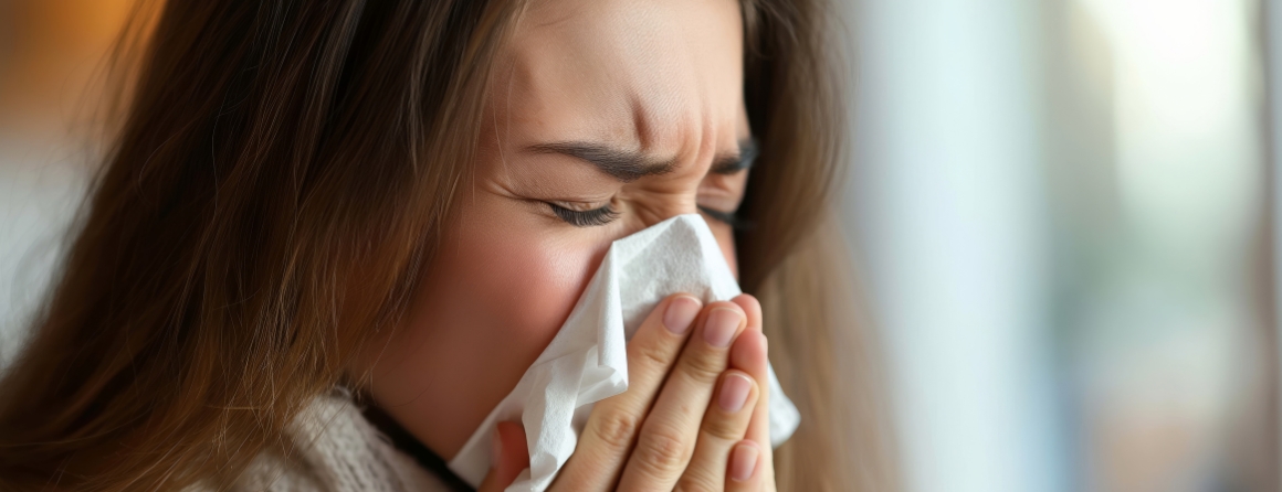 A woman with hay fever sneezing into a tissue