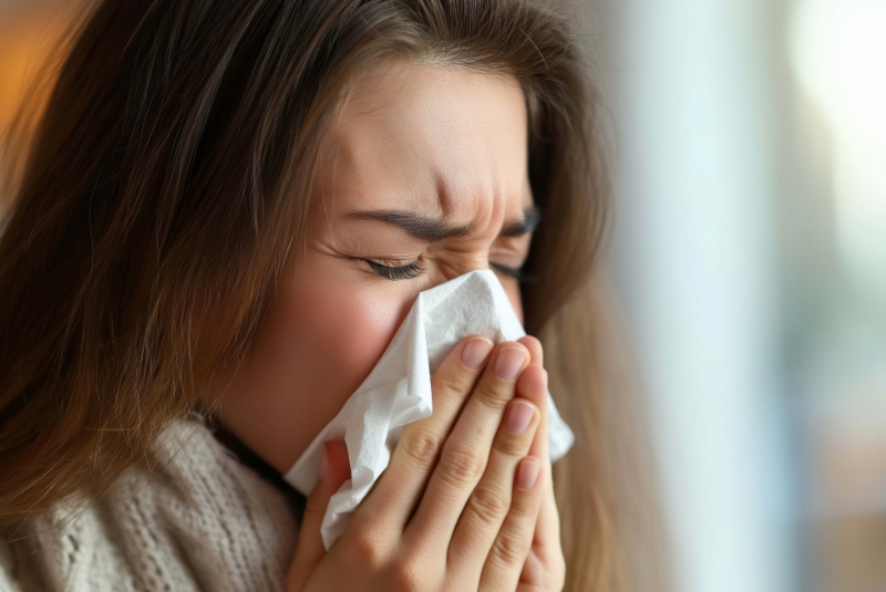 A woman with hay fever sneezing into a tissue