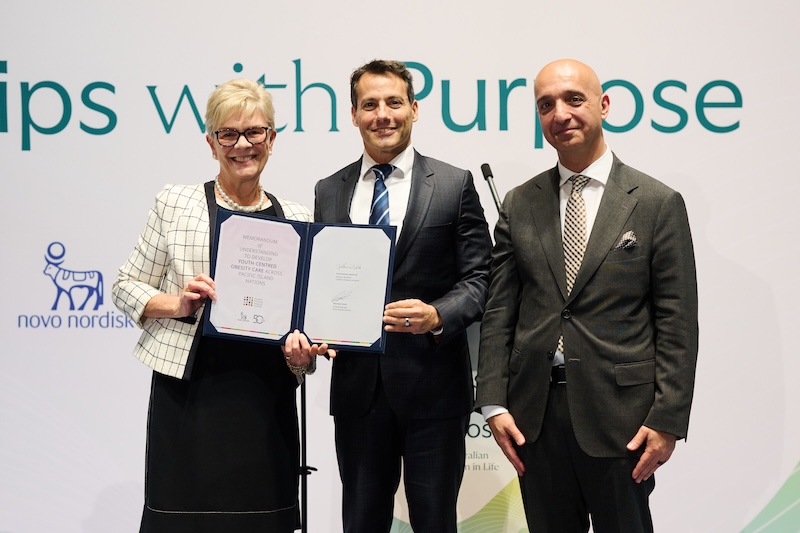 Professor Kathryn North AC, Novo Nordisk Oceania General Manager Michael Azrak and Novo Nordisk President and CEO Mike Doustdar after the signing.