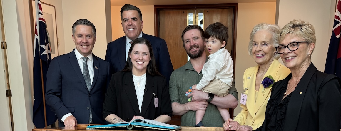 Federal Health Minister Mark Butler, Speaker of the House Milton Dick, Emma with  husband Chris and son Archer, 2, Dame Quentin Bryce AD CVO and MCRI Director Professor Kathryn North AC at the Parliament House event.