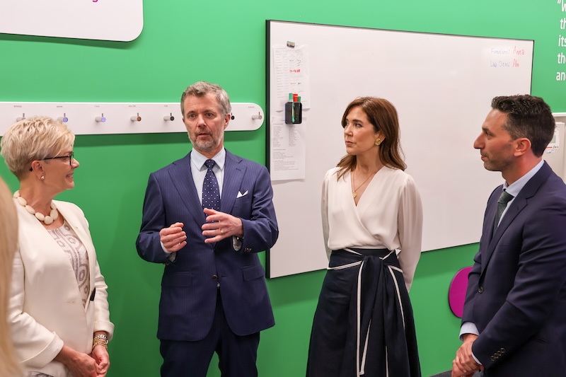 MCRI Director Professor Kathryn North AC, King Frederik X, Queen Mary, MCRI Professor Enzo Porrello in the stem cell medicine lab