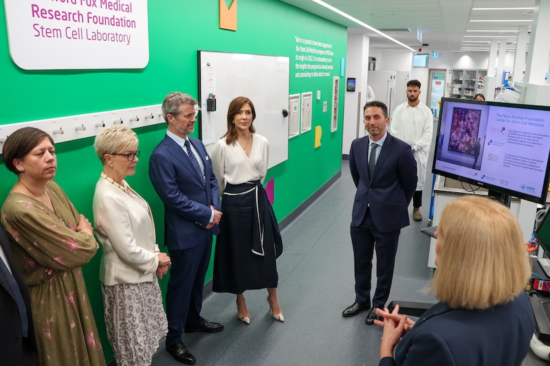 Danish Ambassador to Australia Ingrid Dahl-Madsen, MCRI Director Professor Kathryn North AC, King Frederik X, Queen Mary, MCRI Professor Enzo Porrello and MCRI Chief Scientist and reNEW CEO Professor Melissa Little