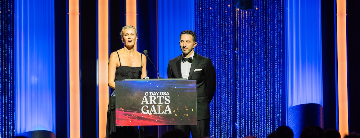 Sarah Murdoch and Enzo Porrello at the G'Day Arts Gala. Photo credit: Chris Schmitt Photography