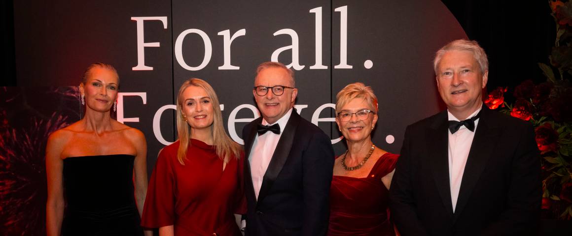 MCRI Co-Chair Sarah Murdoch, Jodie Haydon, Prime Minister Anthony Albanese, MCRI Director Professor Kathryn North AC and Board Chair Patrick Houlihan.