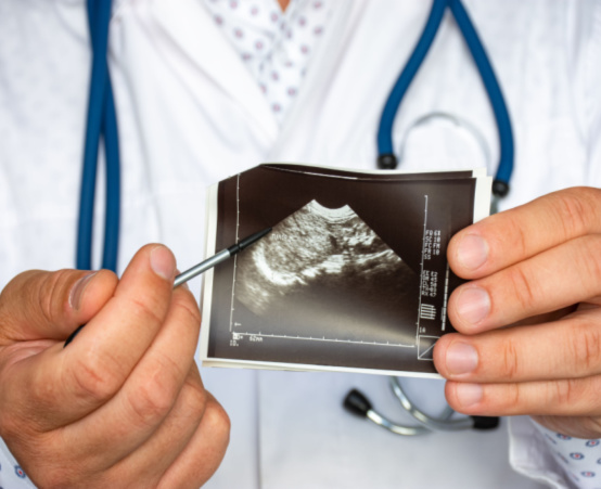Doctor holding up an ultrasound of child's kidney