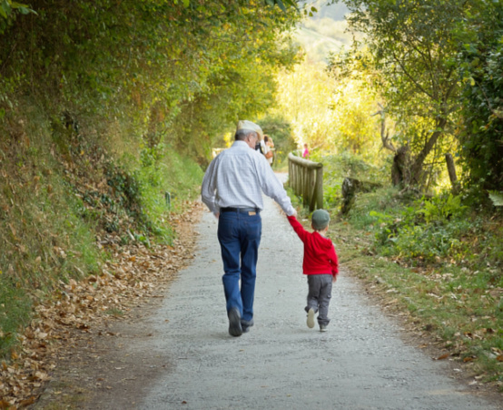Little boy walking in the park with grand father